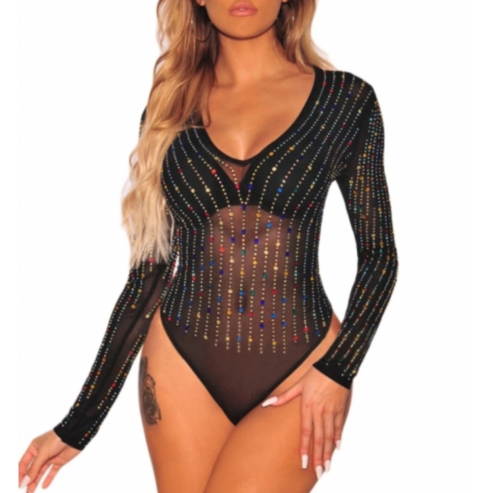 Rainbow mesh Rhinestone Studded Bodysuit